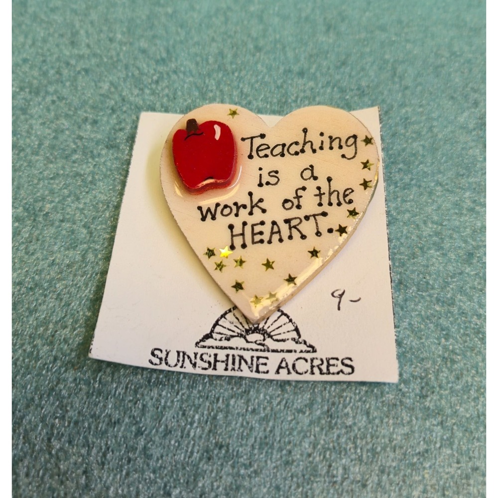 Sunshine Acres Teaching Is A Work Of The Heart Pin Heart Wooden Brooch Red Apple